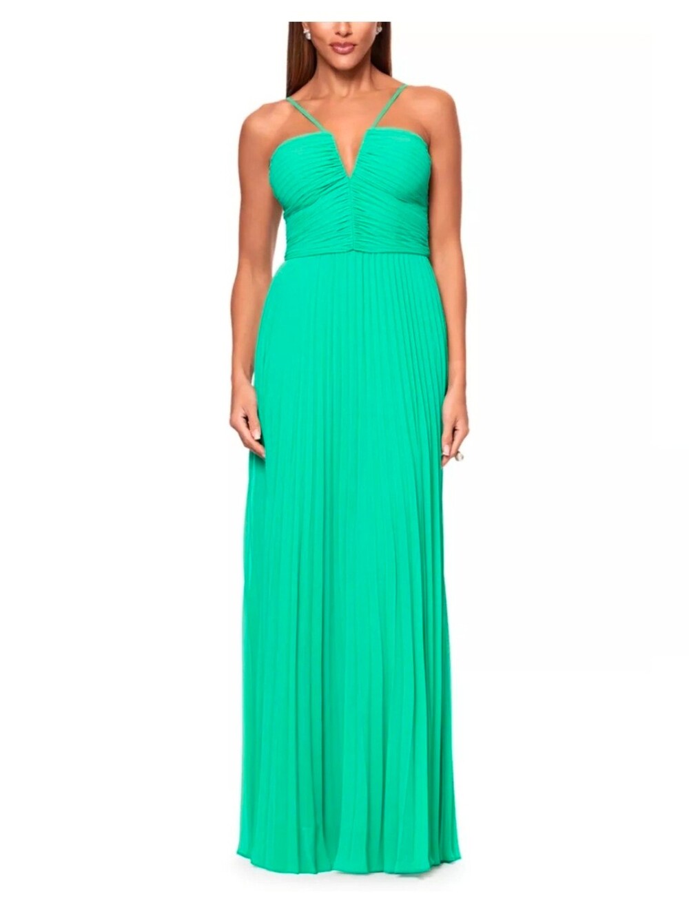 Xscape Green Sleeveless Pleated Chiffon Maxi Gown Size 8P $259 NWT
